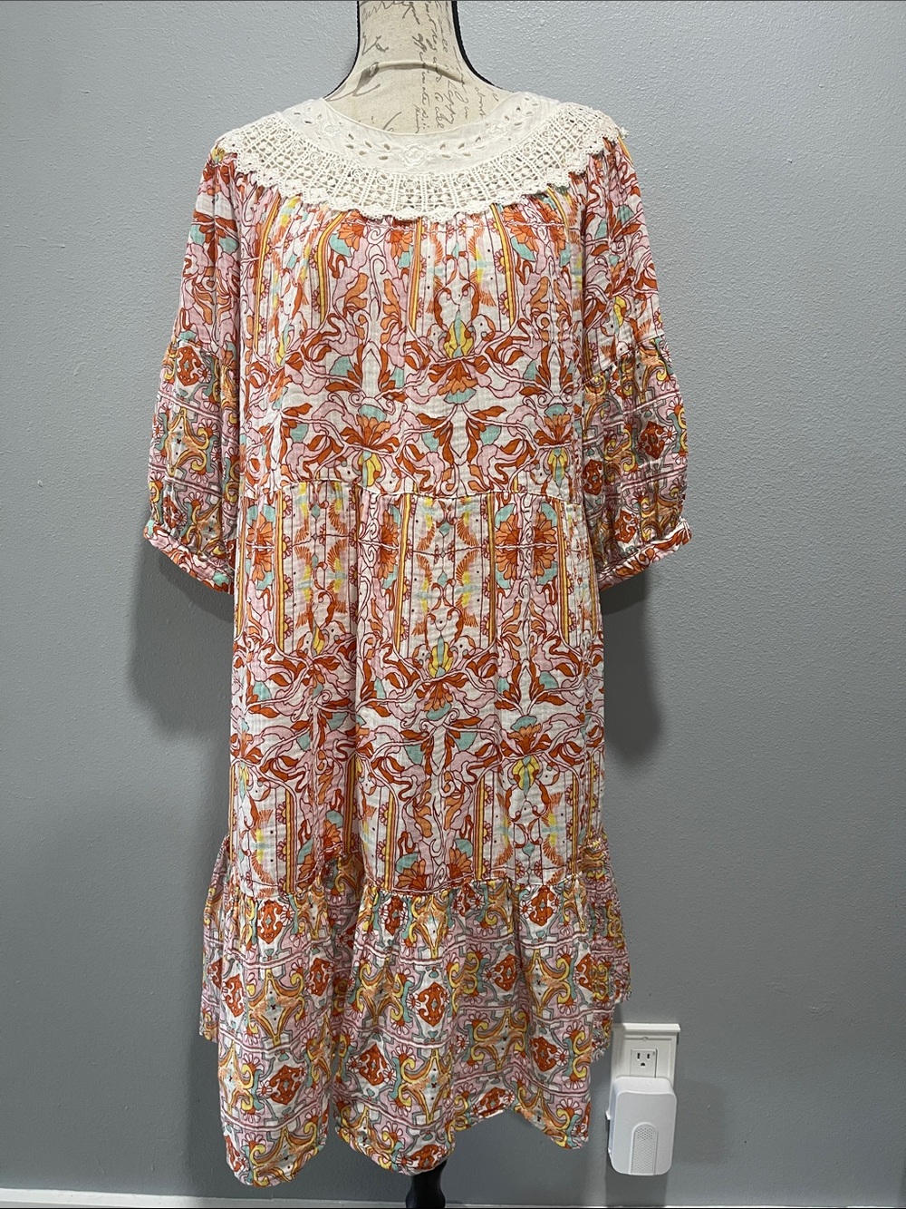 Anthropologie Women's Crochet Yoke Floral Boho Midi Dress in Multi-Color